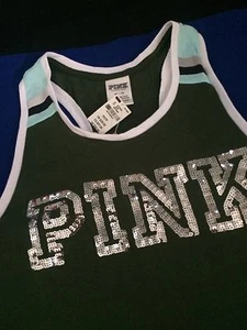 Nwt Xs Victoria's Secret PINK BLING Ringer Tank Top Army Green Tee Racerback - Picture 1 of 4