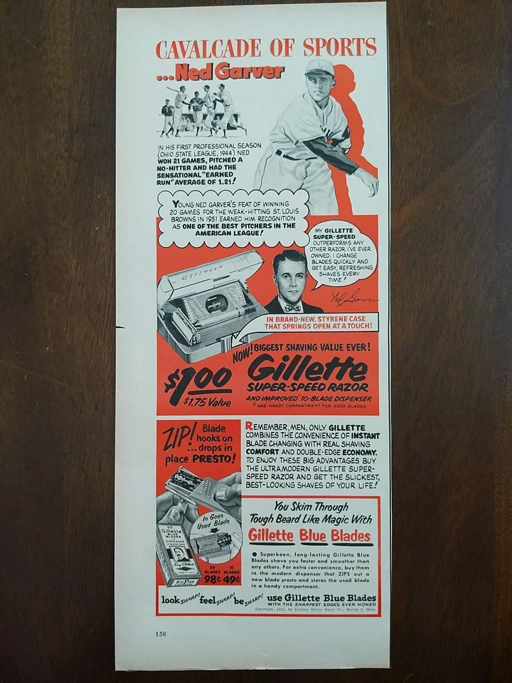 Anuncio impreso Gillette 1952 vintage. Béisbol Ned Garver St Louis Browns Foto 1 de 1