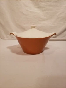 Mid Century Modern Covered Vegetable Bowl w/ Handles, Brown & White, Unmarked - Picture 1 of 10