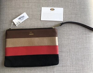 Fossil NWT Leather Color Block Black, Gold, Red, Brown Wristlet 7”x 5” Purse - Picture 1 of 4