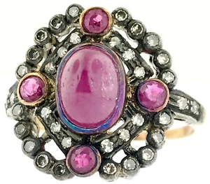 Natural Cabochon Ruby 3.5 Cts+Diamonds 14K Gold~Antique~Lady's Ring~Estate~WOW! - Picture 1 of 8