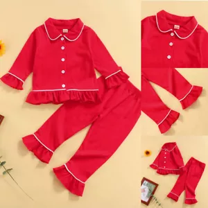Toddler Kids Baby Girls Homewear Set Solid Ruffle Tops Trouser Sleepwear Clothes - Picture 1 of 8