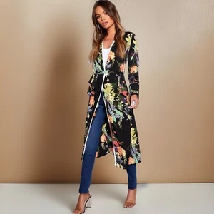 Boohoo Kimono Black Tropical Floral Belted Polyester Silk Robe Women’s M - Picture 1 of 6