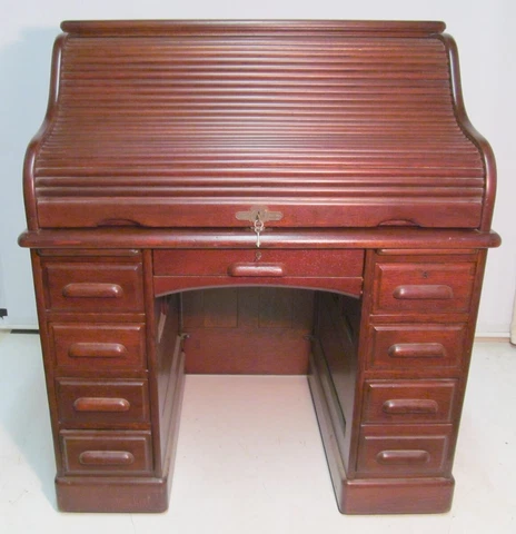 Antique S Roll Top Desk Derby 42" Raised Panel Quartersawn Complete Original Cover