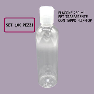 SET 100 pz FLACONI Bottiglie Plastica PET trasparente 250 ML + capsula FLIP-TOP