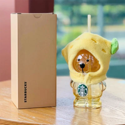 New Starbucks China 2025 Summer Fruit Lemon Yellow Bear Glass Cup With Sleeve - Image 1 of 4