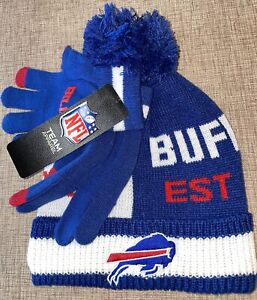 UNISEX Buffalo Bills Pom Pom Beanie Winter Hat Gloves Set 2 SIDED Stitched Logo