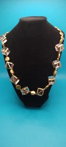 Gold Tone & Modernist Square Glass Cubes Beaded Artisan Necklace - Picture 1 of 6