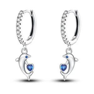 Crystal Dolphin Heart Minimal Earrings 925 Sterling Silver Hoop Earrings - Picture 1 of 1