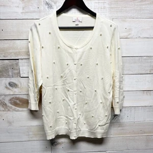 Quaker Factory Sweater Cardigan Womens Large Ivory Pearl Button Up 3/4 Sleeve - Picture 1 of 9