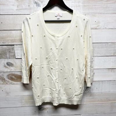 Quaker Factory Sweater Cardigan Womens Large Ivory Pearl Button Up 3/4 Sleeve - Image 1 of 4