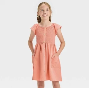 Cat & Jack Girl’s S Small 6/7 Dress Dusty Coral Short Sleeve Smocked Woven New - Picture 1 of 3