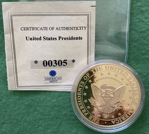 American Mint Coin COA President Donald J. Trump 2017-2021 24K Gold Layered 40mm Cover