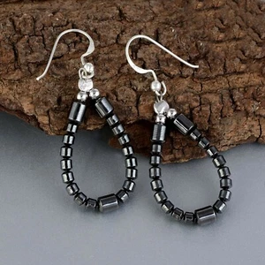 Handcrafted Negra Natural Hematita Forma Pera Pendientes Con 925 Plata Gancho - Imagen 1 de 3