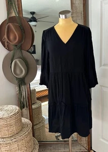 NWT Women's Ann Taylor Loft Basic Black Peasant A-Line Dress Sheer Tiered Sz S - Picture 1 of 5