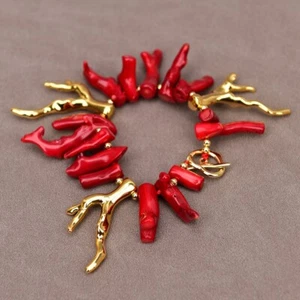 8'' AA+ Big Natural Red Coral Top Drilled Branch Bracelet Golden Resin Branch - Picture 1 of 7