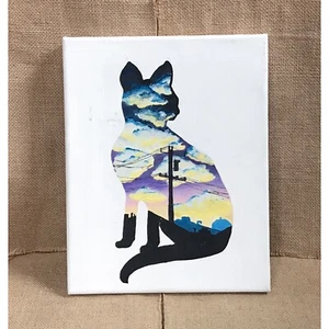 Silhouette Katze Sonnenuntergang Skyline Horizont Doppelbelichtung Gemälde Surreale Kunst Goth - Bild 1 von 4