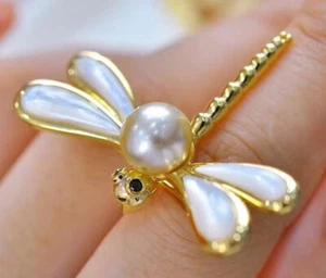 Natural 9-10mm Freshwater Pink Pearl Crystal Dragonfly Brooches 18KGP For Women - Picture 1 of 7