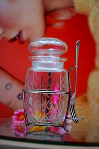 Vintage Cut Glass Pickle/Olive Jar with Silver Plated Stand and Fork - Picture 1 of 16