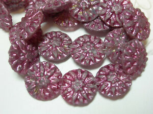  10 14mm Czech Glass Matte Purple w/ Metallic Pink Dahlia Flower Coin Beads