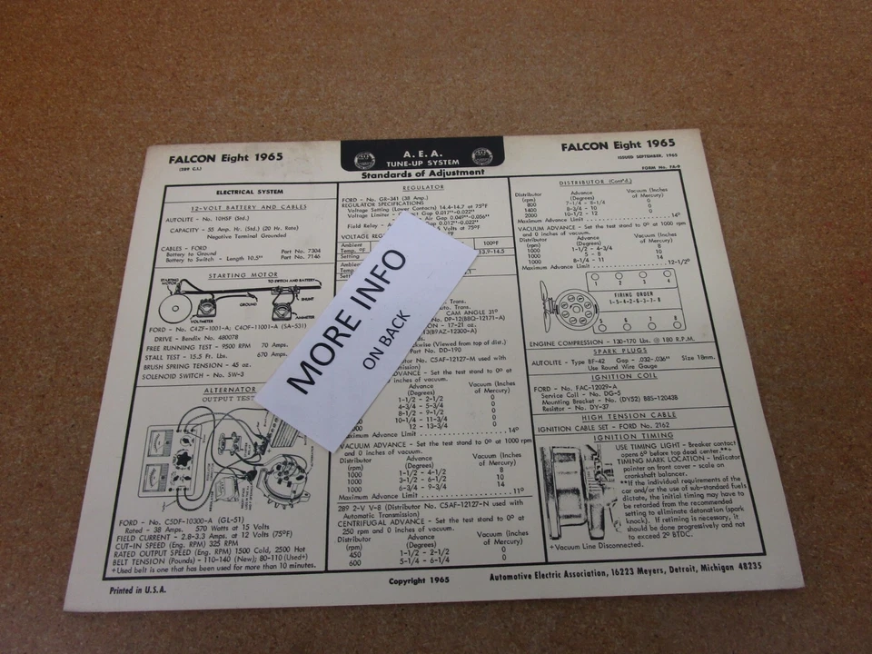 1965 Ford Falcon V8 engine 289 cubic inch AEA tune up chart spec sheet ORIGINAL - Image 1 of 1