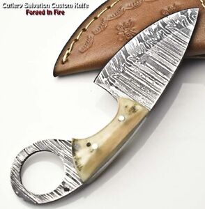 Unique Custom Handmade Damascus Steel Blade Full Tang Skinner Knife | Ram's Horn