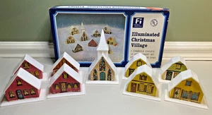 Vintage Illuminated 9 Piece Christmas Village Plastic Houses & Cathedral No Lite - Picture 1 of 16
