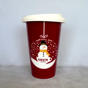 Costa Coffee Ceramic Christmas Travel Mug + Lid. 473ml. Red Snowman, 2019. VGC. - Picture 1 of 8