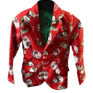 Suitmeister Jacket M Red Happy Holidays Snowman Print Sport Coat Festive Novelty - Picture 1 of 16
