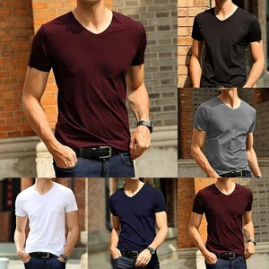 V Neck Ice Silk T Shirt for Men with Short Sleeves for Everyday Comfort - Picture 1 of 16