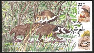 1987 North American Wildlife BADGER & DEER MOUSE FDC - HAND PAINTED BY "HAM"