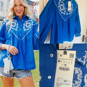 BNWT £45.99 Zara Blue Embroidered Western Country Shirt Top Size M 5770/030/829 - Picture 1 of 12