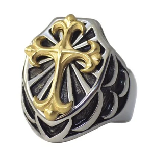 Mens Gold Cross Shield Ring Surgical Stainless Steel Costume Band Sizes 8-15 - Picture 1 of 3