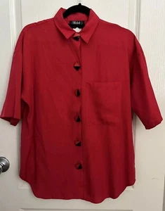 VTG 90s Michele Leslie Red Top Size Medium Black Red Buttons Blouse Womens - Picture 1 of 9