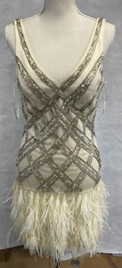 Sue Wong Flapper Mini Dress Feather Sequin Ivory Low Back Size 8 NWT - Picture 1 of 13