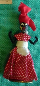 Primitive Black Doll / Bell Red Polka Dot Dress Bandanna Pipe Cleaner Arms Husk - Picture 1 of 7
