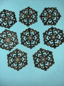 Brass Metal Furniture Embellishments Set Of 8 Vtg Dec Hardware Pieces Back Plate - Picture 1 of 3