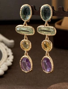 Clip On Crystal Multi Colour Dangle Drop Circle Statement Earrings Blogger Uk - Picture 1 of 5
