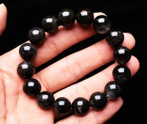 13.4mm Natural Black Phantom Ghost Garden Crystal Gemstone Round Beads Bracelet - Picture 1 of 6