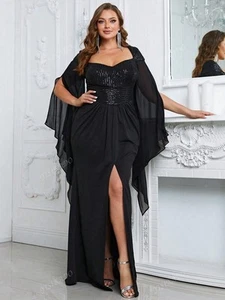 GIFFNISETI Plus Contrast Sequin Split Thigh Formal Dress Black Sz1XL - Picture 1 of 8