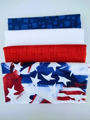 4 Pc Red, White & Blue Fabric Bundle, Cotton Quilt Fabric, Patriotic, American - Image 1 of 3