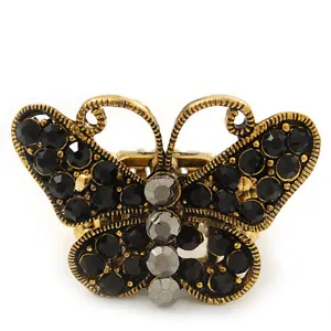 'Papillonne' Swarovski Encrusted Butterfly Cocktail Stretch Ring In Burn Gold - Picture 1 of 4