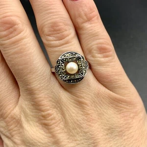 Judith Jack Marcasite And Pearl Sterling Silver Ring Size 7 Art Deco Style - Picture 1 of 11