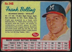 1962 Post - #146 Frank Bolling Milwaukee Braves 2nd Baseman Baseball Card - Picture 1 of 1