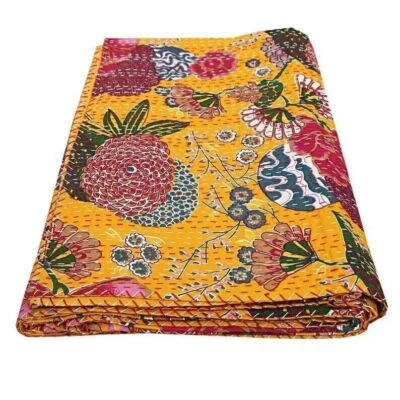 Cotton Kantha Quilt Yellow Fruit Print Handmade Reversible Bedding Bedspread - Image 1 of 4