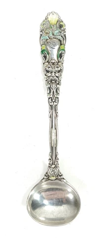 Antique Dominick and Haff Enameled Sterling Silver Salt Spoon Renaissance Style Cover