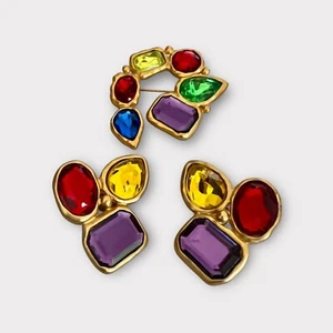 Vintage Park Lane  Multicolor Gold Tone Lucite Brooch & Clip-on Earrings #C-3 - Picture 1 of 4