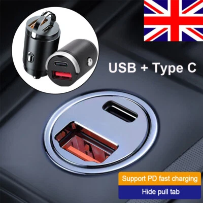 USB + TYPE C 2 Port Fast Car Charger Cigarette Socket Adapter For iPhone Samsung - Image 1 of 4