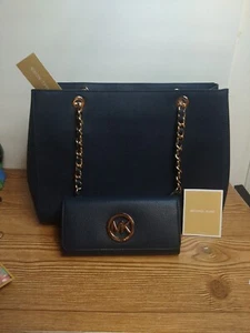 NWT MICHAEL KORS Gold Chain Strap Leather Tote Bag W/ Matching Purse Navy Blue - Picture 1 of 10