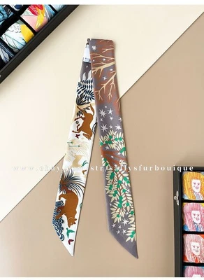 Sallys Boutique 18 Momme Twill Silk Scarf Ribbon Jungle Animal Hair Bag Necktie - Image 1 of 4